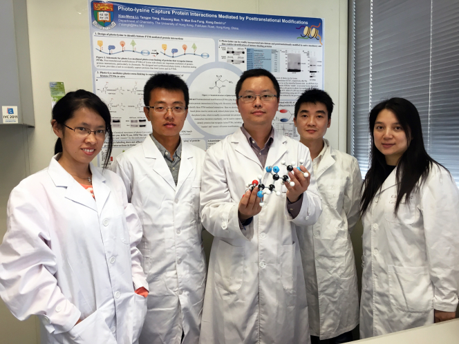 Dr Li Xiang’s research team and collaborator at HKU Department of Chemistry: (from the left) Bao Xiucong, Li Xiaomeng, Dr David Li Xiang, Yang Tangpo and Dr Fung Yiman Eva.